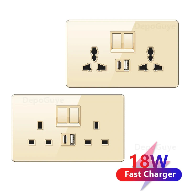 Gold UK 13A Tempered Glass USB Socket Plug,18W Type-C Fast charging Universal 3pin Dual Power Outlet,Wall 2way Light Switch