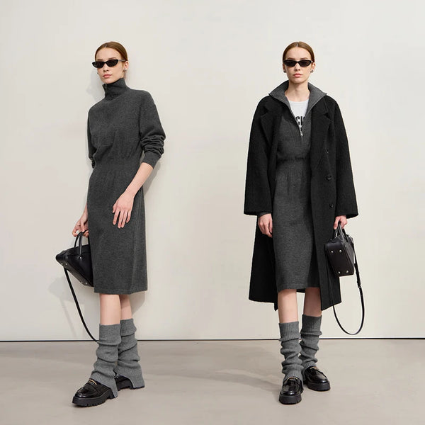 Amii Women Dresses 2026 Winter New Office Lady Turtleneck Zipper Loose Midi Dresses Long Sleeves Knit Straight Skirt 12524062