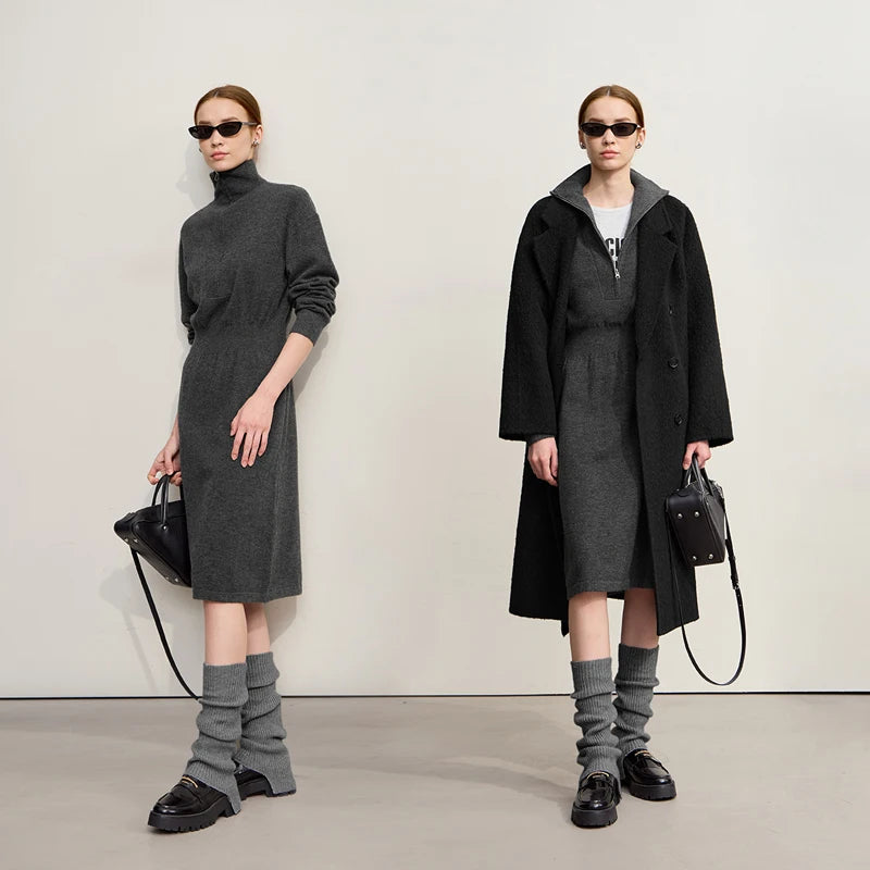 Amii Women Dresses 2026 Winter New Office Lady Turtleneck Zipper Loose Midi Dresses Long Sleeves Knit Straight Skirt 12524062