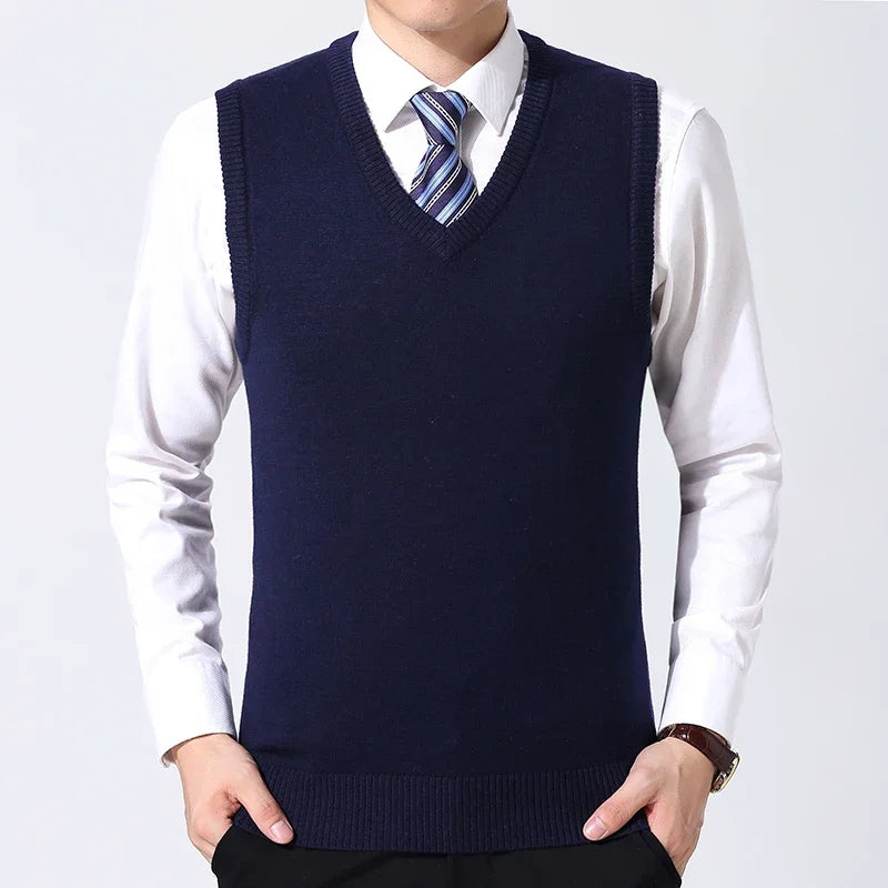 2026 Autumn Winter New Men's Solid Color V-neck Knitted Vest Casual Fashion Warm Sweater Versatile Top