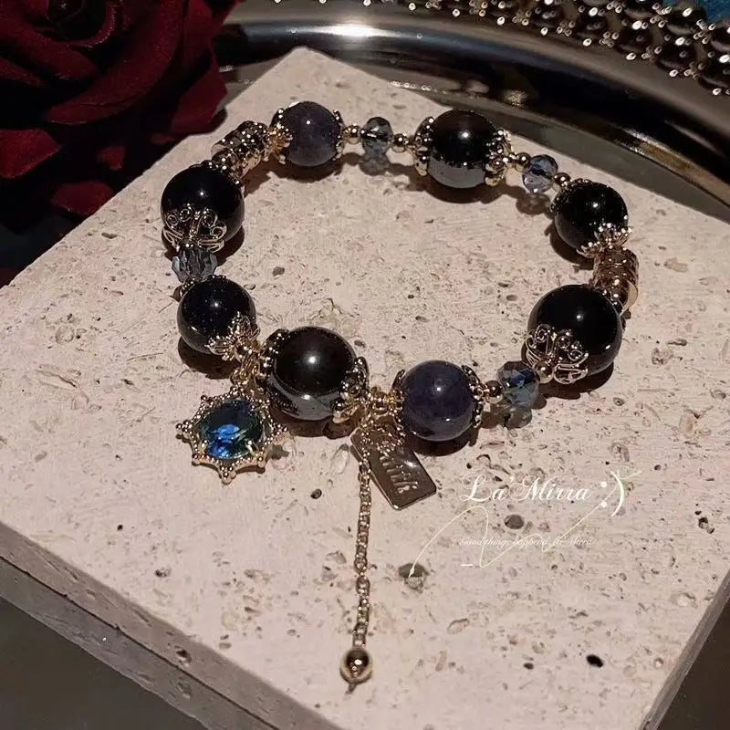 Whale Fall Star Moonlight Black Gold Dark Blue Beaded Crystal Bracelet for Women - Lightweight Luxury Exquisite Niche Gift Neckl