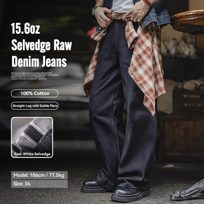 Maden Vintage 15.6oz Selvedge Raw Denim Jeans Heavyweight Blue Loose Fit Wide-Leg Jeans Zip Fly Cotton Trousers for Spring Fall
