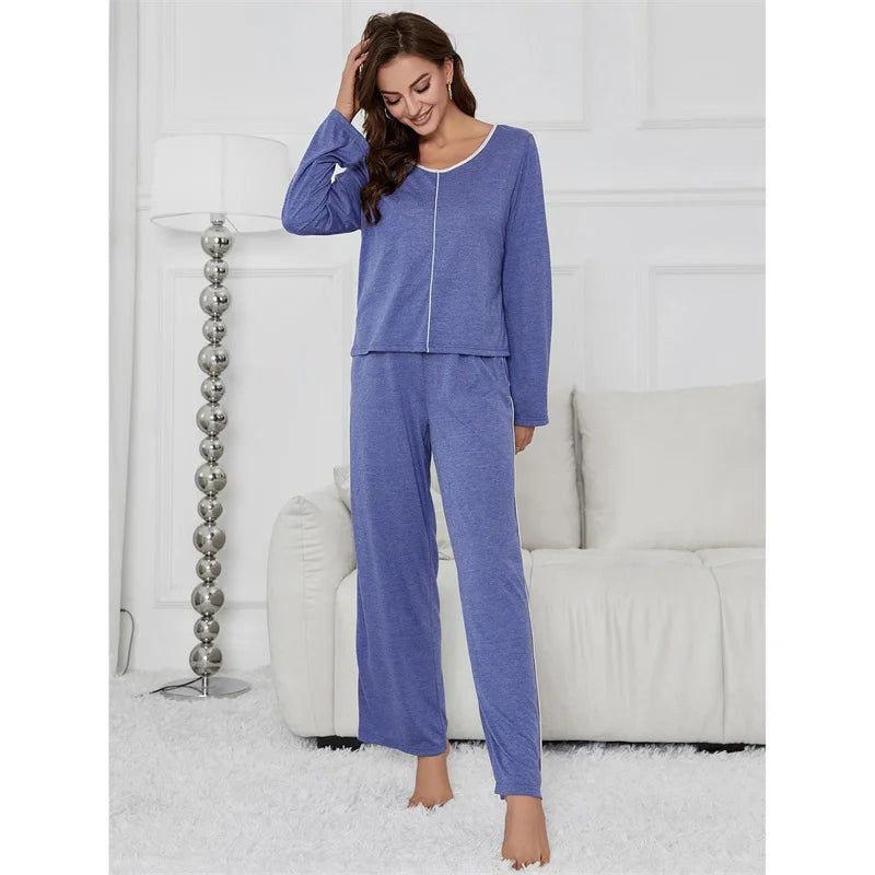 Cotton Pajamas Women's Spring Autumn Sleepwear Suit Solid Color Long Sleeved Pants Home Set New Pijama Mujer Female Nightwear