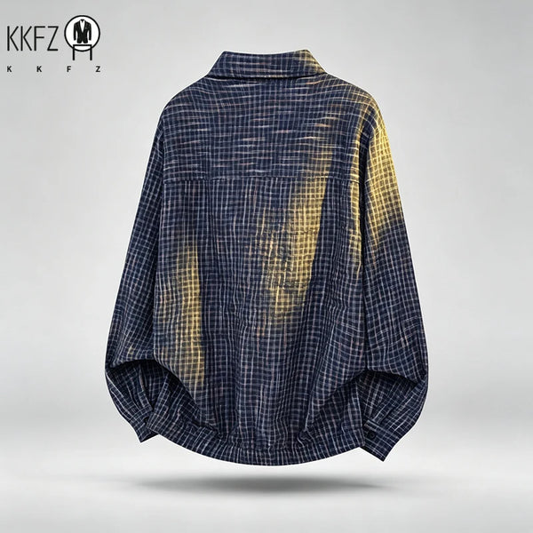 Men Wrinkled Check Lapel Shirt Long Sleeve Relaxed Fit Textured Material Breathable Daily Casual Outerwear
