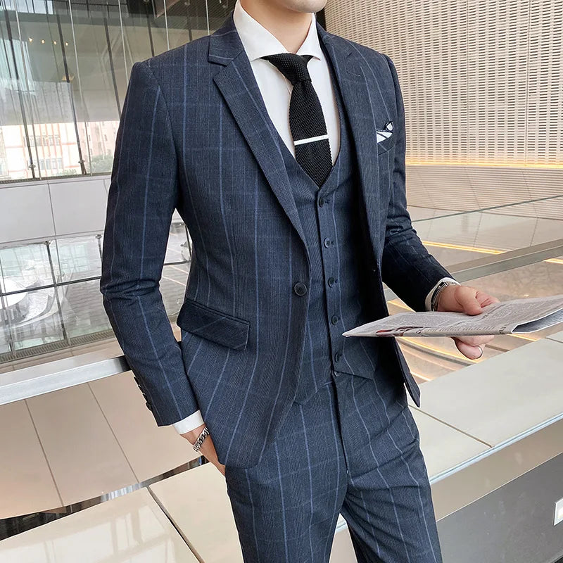 2026 Men Black Classic Striped/Checked Suits, Men's Business Office 3-Piece, Asian Size Slim Fit Sets, Blue/Gray Available