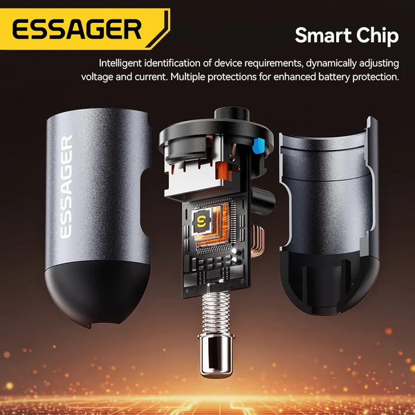 ឆ្នាំងសាករថយន្ត Essager 30W 2 ក្នុង 1 Spring Cable រន្ធ USB-A និង USB-C/Lighting សាកលឿនសម្រាប់ iPhone 17 16 15 14 13 12 Samsung