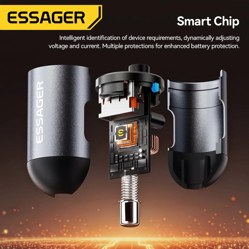 ឆ្នាំងសាករថយន្ត Essager 30W 2 ក្នុង 1 Spring Cable រន្ធ USB-A និង USB-C/Lighting សាកលឿនសម្រាប់ iPhone 17 16 15 14 13 12 Samsung