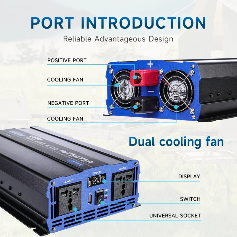 ឧបករណ៍បម្លែងភ្លើង GEYA Pure Sine Wave Car Power Inverter DC 12V ទៅ AC 220V រន្ធដោត EU ជាសកលសម្រាប់ RV, ឡានដឹកទំនិញ, គ្រឿងបន្ថែមរថយន្តដើរដោយថាមពលព្រះអាទិត្យ
