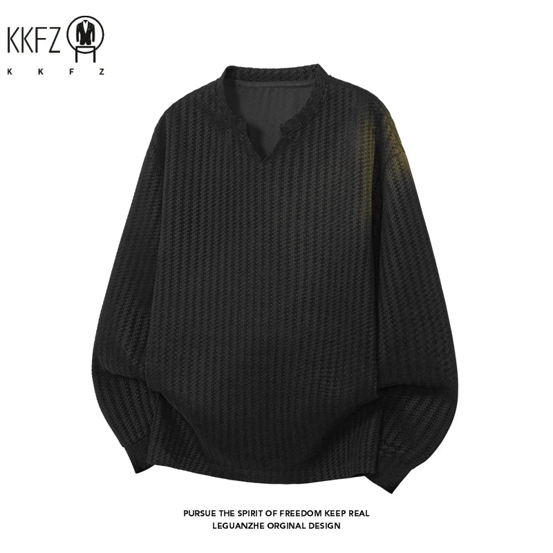 Male Relaxed Oversized V Notch Long Sleeve Top Houndstooth Knit Pattern Lightweight Fabric For Holiday Daily Styling