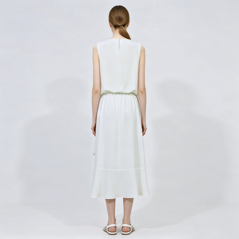 Amii Sleeveless Women Dress 2026 Summer New Bateau Neck Elastic Waist Elegant Asymmetrical Ruffle Casual Chiffon Dress 12642049