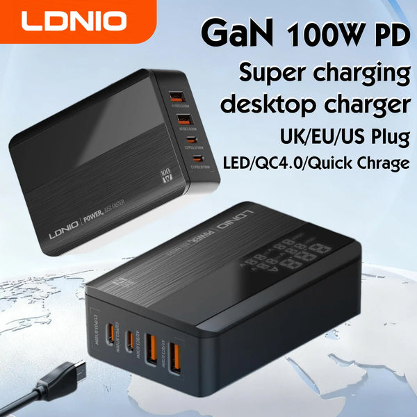 ឆ្នាំងសាក LDNIO 100W GaN PD លឿន PPS រន្ធ USB C ច្រើនរន្ធ សម្រាប់ iPhone 16 15 14 13 Pro Max Samsung Galaxy S23 Xiaomi Huawei