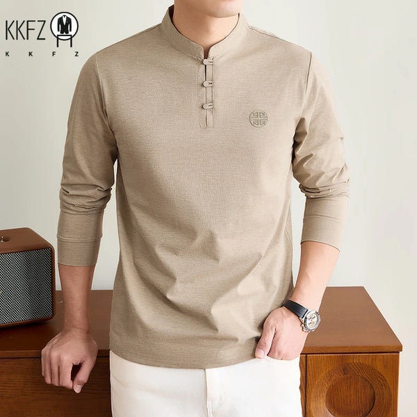 Mens Spring Autumn Henley T Shirt Long Sleeve Mandarin Collar Embossed Logo Breathable Comfort Casual Outfit