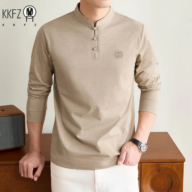 Mens Spring Autumn Henley T Shirt Long Sleeve Mandarin Collar Embossed Logo Breathable Comfort Casual Outfit