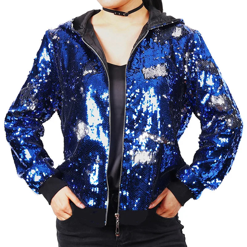 Sparkling Red Hooded Jacket with Sequin Decoration for Women, Fashionable Gold Outerwear with Silver Blue Purple Green Options
