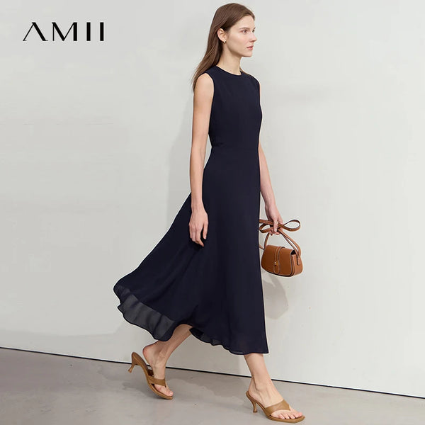 រ៉ូប Amii Minimalist ដៃខ្លីសម្រាប់នារីៗ រដូវក្តៅឆ្នាំ ២០២៦ រ៉ូបការិយាល័យថ្មី ក O ឆើតឆាយ ស្ដើង ផាសុកភាព រ៉ូប Midi ១២៥៥២០២៦