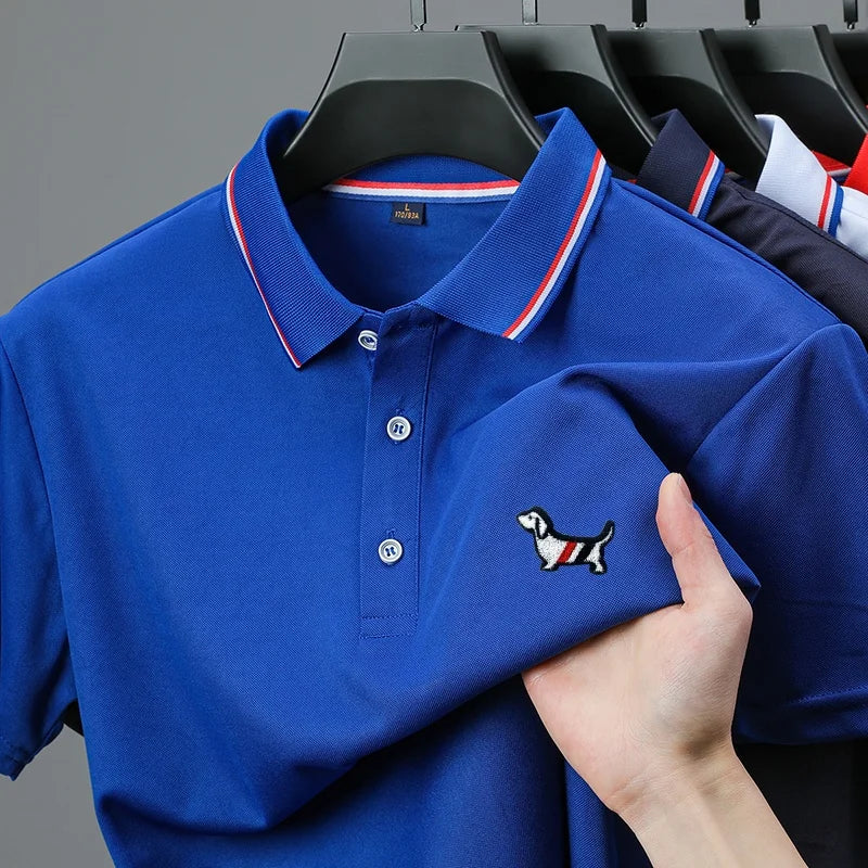 Summer New Men Short-Sleeved Polo Shirt Lapel Color Blocking Dog Embroidery Business Casual Polo Shirt Ventilate Men's Clothing