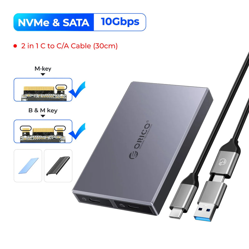 ORICO Dual Bay Aluminum M2 NVMe SSD Enclosure USB3.1 Gen2 10Gbps For M Key M&B Key NVMe PCIe SSD With Built-in Cooling Vest