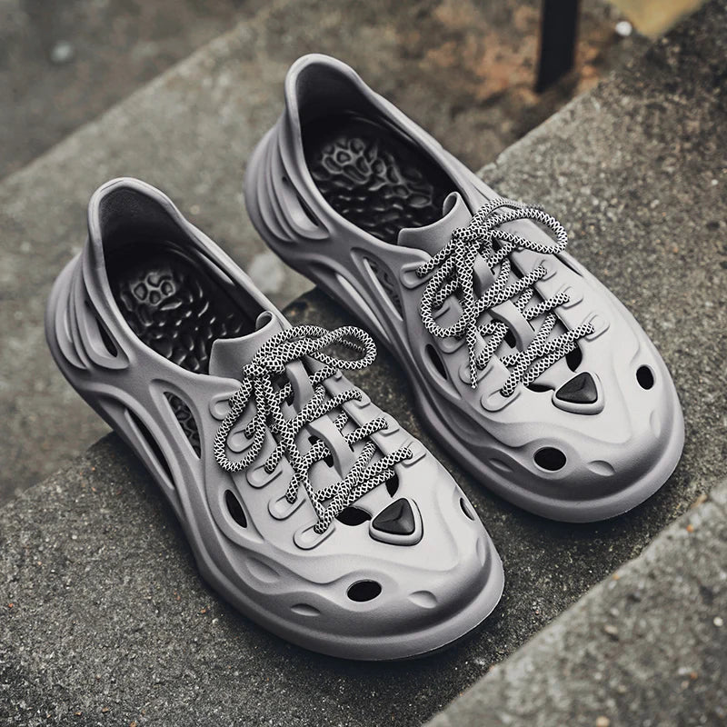 Men's breathable casual Lace up sandals summer new soft-sole outdoor Garden shoes waterproof fashion hole shoes driving slippers