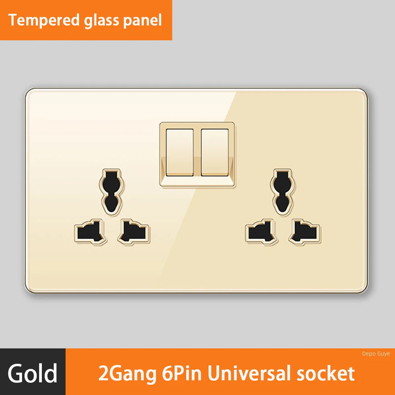 Luxury All Tempered Glass Wall Lamp Switch Button Golden UK Plug 13A Universal Wall Socket with Usb ,220V2gang2way Dimmer Switch