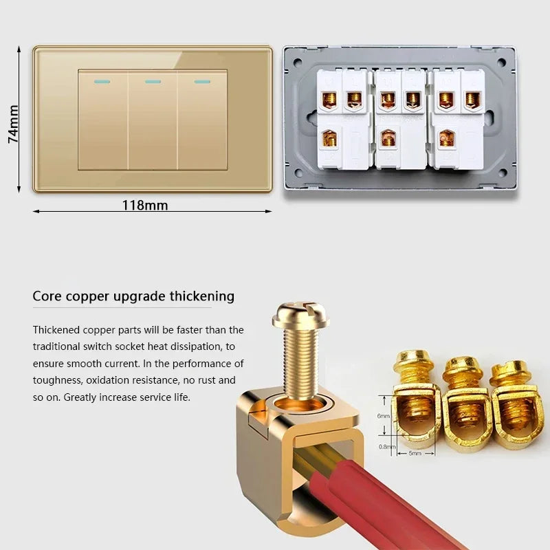 Depoguye US Mexico Wall Light Switch Socket 5V 2.1A USB Type-c Charger Plug,Golden Glass Panel American Standard Power Outlet