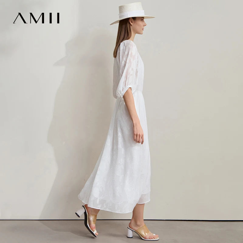 AMII Beige Dress Vacation 2026 Summer Office Lady Belt Chiffon Women Beaded Button A Line Round Neck Fairycore Dresses 12542143