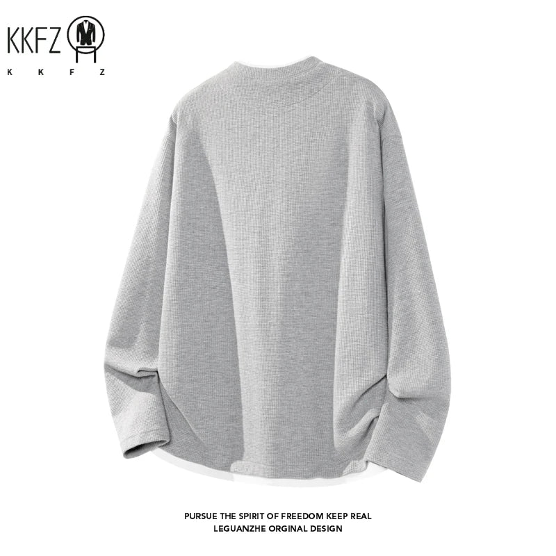 Men's Waffle Knit Fake Two���Piece Long Sleeve T���Shirt Notch V���Neck Drop���Shoulder Loose Fit Casual Layered Look Tops