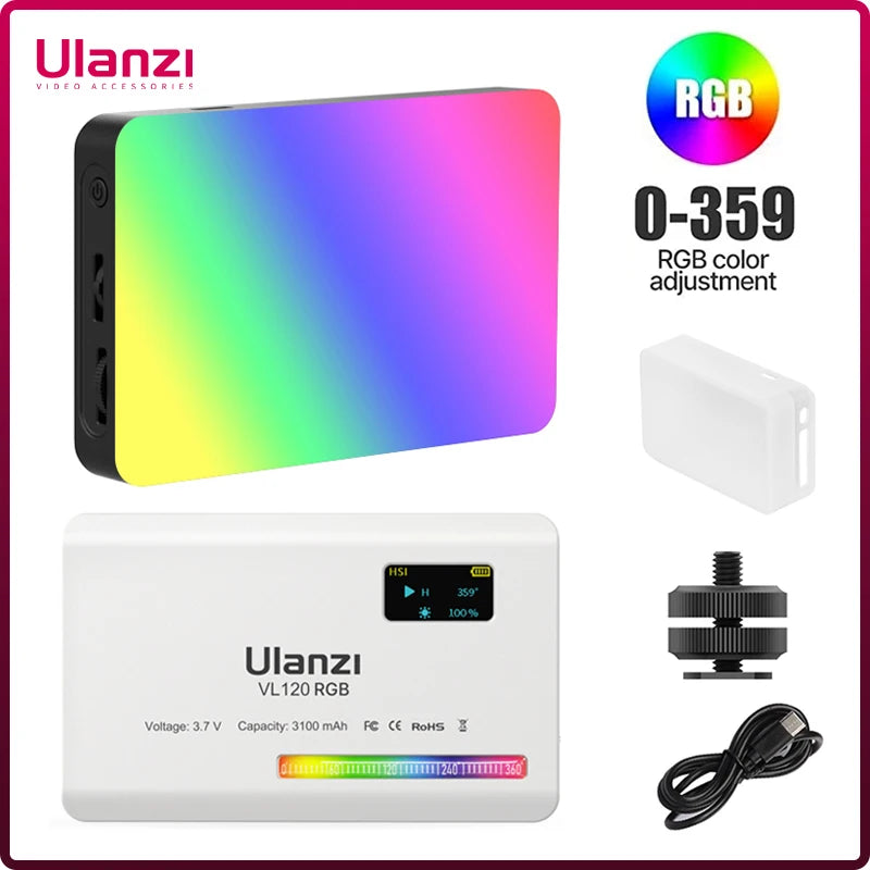 ភ្លើងកាមេរ៉ា Ulanzi VL120 RGB ជាមួយឧបករណ៍បំបែកពន្លឺ 2500-9000K CRI 95+ 3100mAh LED វីដេអូបន្ទះសម្រាប់កាមេរ៉ាទូរស័ព្ទថតរូបភ្លើង
