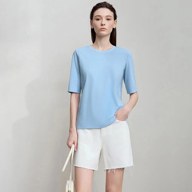 AMII Minimalism 2026 Summer T-shirts For Women New Cotton Stretch Half Sleeve Straight Solid Basics Office Lady Tops 12522172