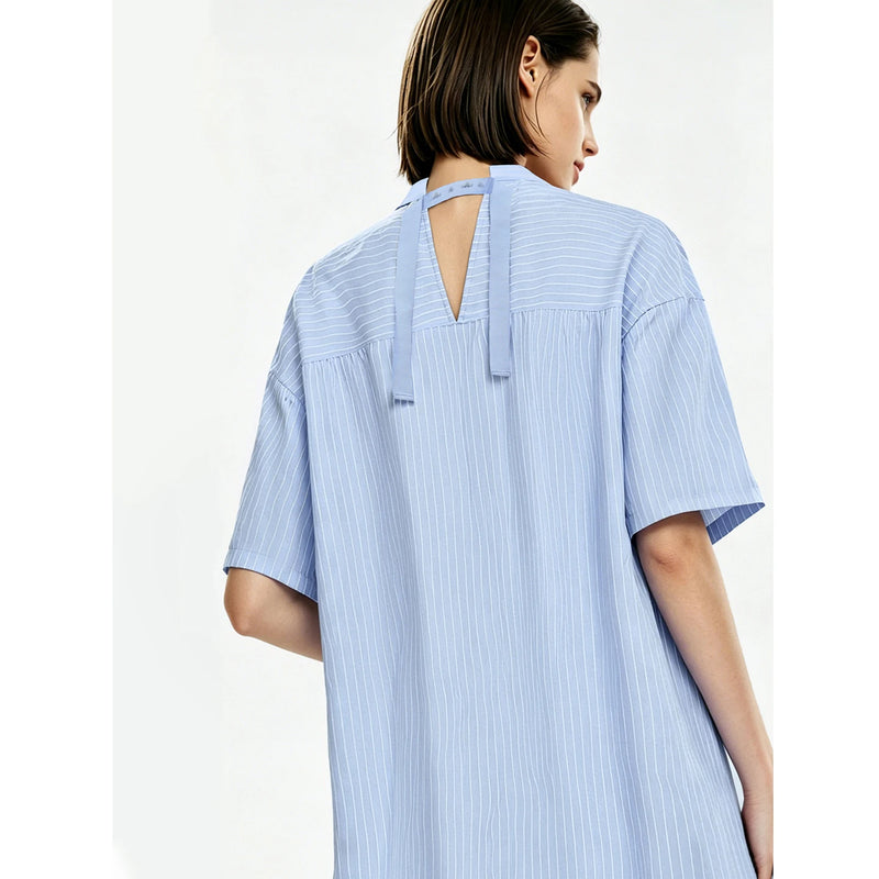 Amii Striped Women's Shirt 2026 Summer New Stand Collar Contrast Ribbon Trim Cotton Blouse Loose Breathable Casual Top 12642011