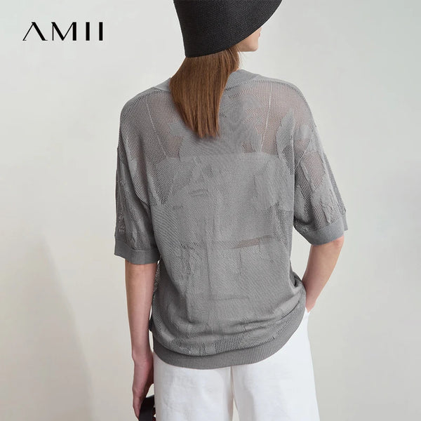 អាវយឺតប៉ាក់ Amii សម្រាប់នារី 2026 រដូវក្តៅថ្មី ក V ដៃអាវពាក់កណ្តាលប្រហោង ម៉ូដថ្មីសម្រាប់នារី អាវស្តើងរលុង 12552019