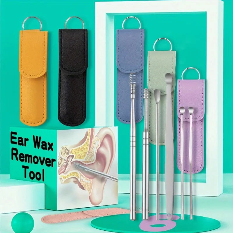 1set Ear Degreaser Tool, Stainless Steel 6 Piece Ear Cleaning Set,Spring Loaded Ear Scoop, Travel Portable Ear Wax Removal Set