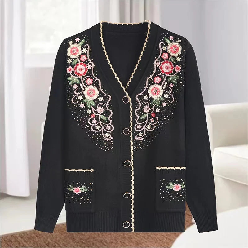 New Casual V-neck Long Sleeve Coat Female Knitted Wool Sweater Spring Autumn Middle-aged Elderly Women's Sweater Cardigan Jacket