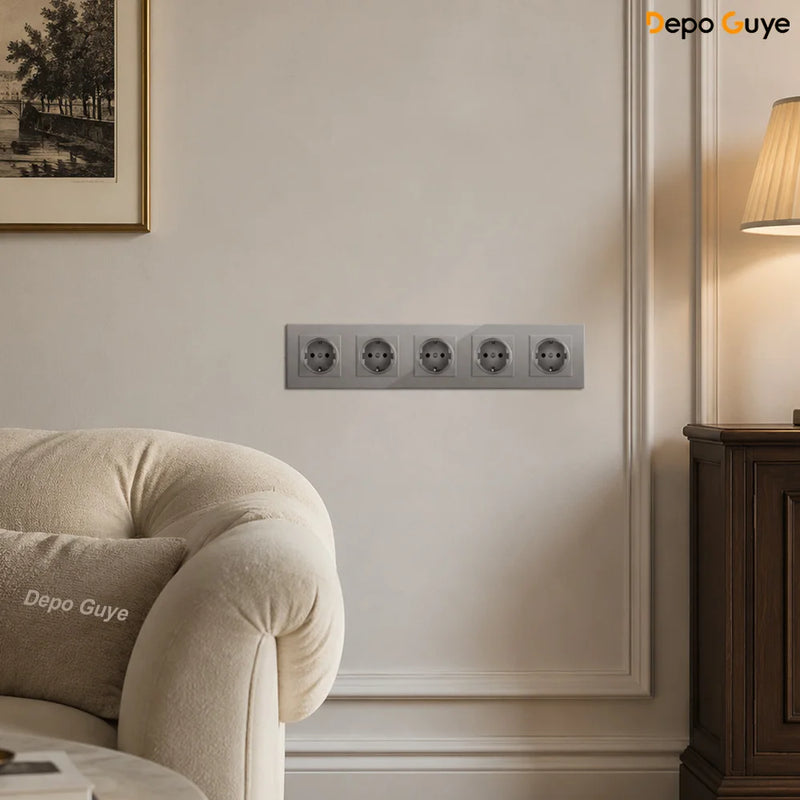 European Standard 4 Gang Wall Power Socket 16A Glass Panel with Dual USB Type-C Ports White/Black Industrial Home Hotel