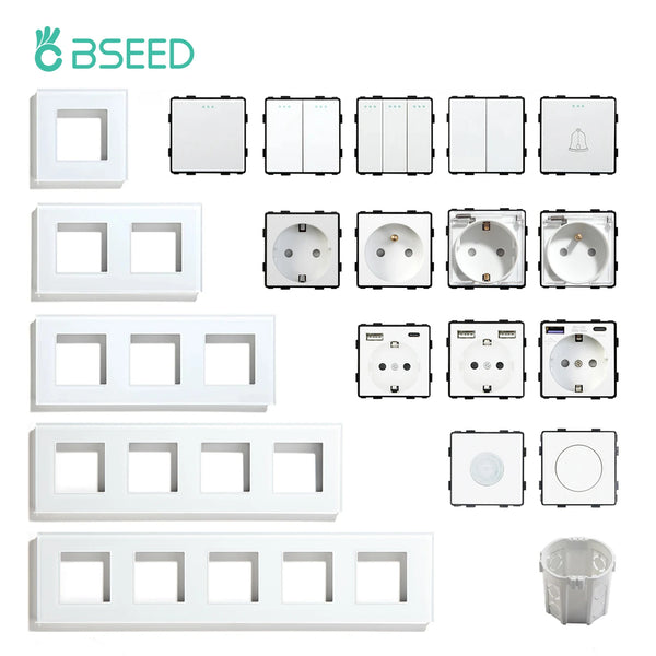 BSEED 1/2/3Gang 1/2Way Wall Button Switch Wall Power Socket Electrical Outlets Part Glass Frame DIY Module Part Free Combination