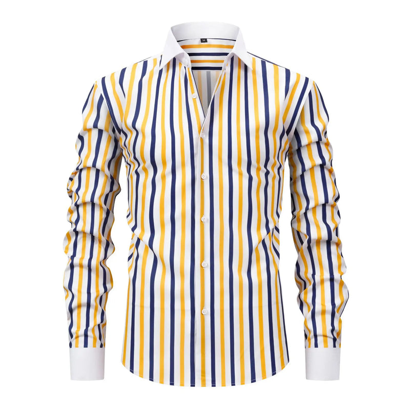 Men's Long-sleeve Stretch Shirt with Black-White Stripes; Suitable for Weddings/Parties/Business/Casual Wear; Red, Blue, Yellow.