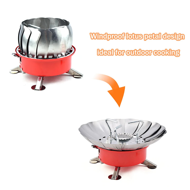 Outdoor Mini Portable Folding Heater Camping Lotus Burner Kitchen Cooker Heating Foldable Furance Head Card Gas Stove Wind Proof