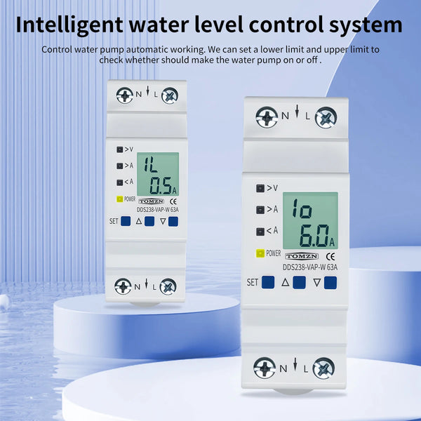 TOMZN Adjustable Overvoltage Undercurrent Protector Relay 63A 110230V V-I-kW-kWh Multi-Function Display | Water Level Control