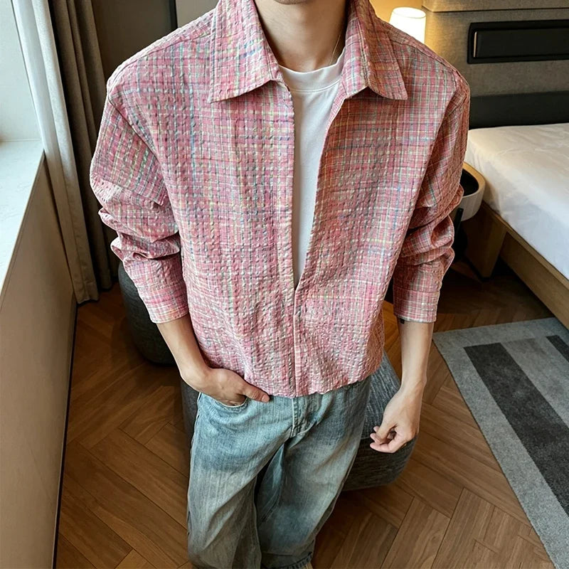 Male Grid Check Textured Long Sleeve Shirt Lapel Collar Relaxed Cut Lightweight Material Casual Outer Top