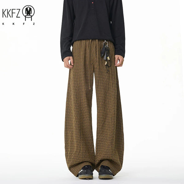 Men Relax Tapered Grid Pants Elastic Drawstring Waist Wrinkled Fabric Loose Baggy Cut Daily Casual Bottoms