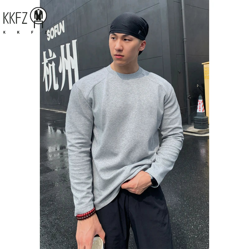 Mens Casual Crew Neck Long Sleeve T Shirt Vertical Panel Weave Tailored Cut For Weekend Gathering Outdoor Activity Scenes