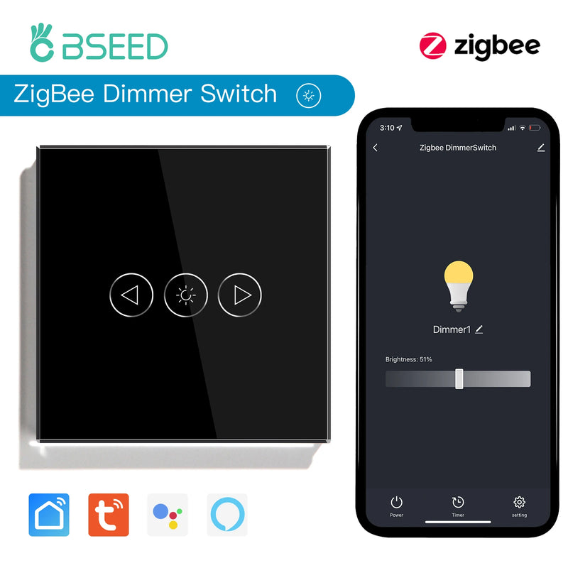 BSEED Zigbee Dimmer Light Switches 1Gang 1Way Wall Smart Dimmable Switch Support Tuya Smart Life Alexa Voice Control