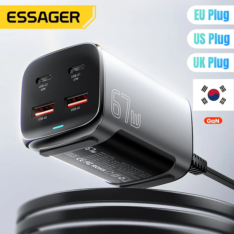 ឆ្នាំងសាក Essager 67W USB C GaN សម្រាប់កុំព្យូទ័រលើតុ Quick Charge3.0 PPS PD3.1 សាកថ្មលឿនសម្រាប់ MacBook Samsung iPhone 17 16 15 14 iPad Laptop