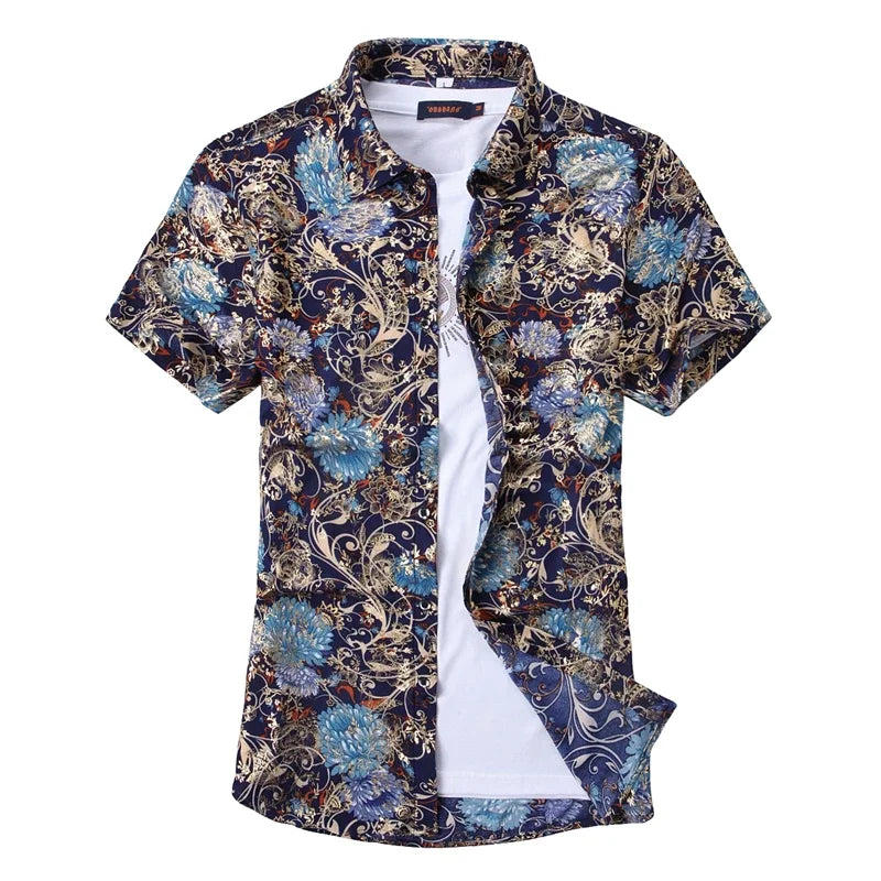 New Summer Collection of Men's Short-sleeve Printed Shirts, Red Single-breasted Button-down Shirts, Asian Sizes M–7XL.