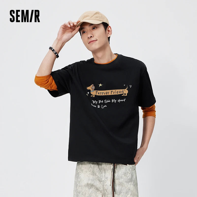 Semir Mens Tshirt 2026 Vintage Cute Animal Letter Printed Knitted Loose Couple Style Casual
