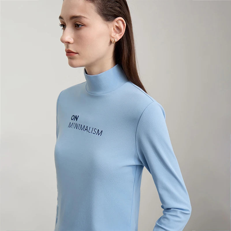 AMII Women's T-shirt 2026 Autumn New Casual Versatile Top Women Turtleneck Letter Embroidery Long Sleeves Ladies Tops 12524058