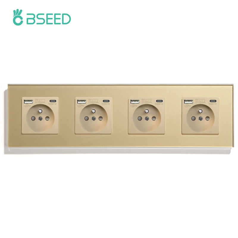 BSEED French Standard Single Wall Power Sockets Double France USB Type-C Port Outlet Crystal Glass Panel Children Protection 16A