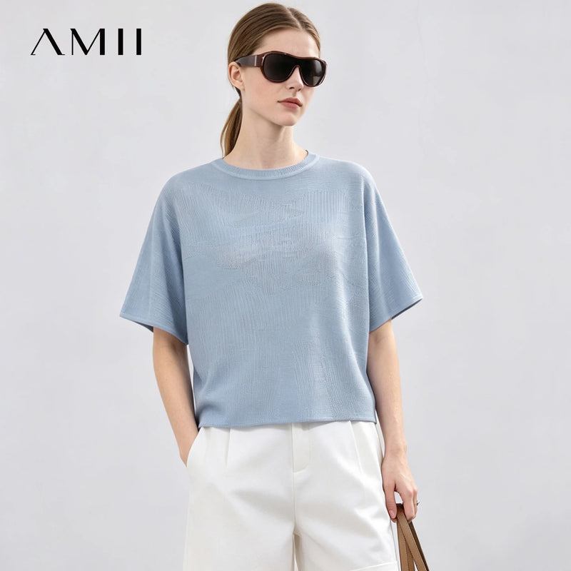Amii Lightweight Women's Knit Top 2026 Summer New Round Neck Dolman Sleeve Sweater Loose Casual Slightly Sheer Pullover 12622198