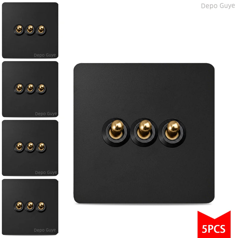 5/10PCS EU Standard Toggle Wall Switch Black Stainless Steel 1-4Gang 2Way Light Brass Lever Switch Panel For Home Improvement