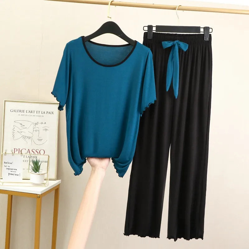 Fdfklak New Modal Loose Home Wear Pijamas Women Short-Sleeved T-Shirt Bow Trousers Suit Casual Two-Piece Pajamas Set
