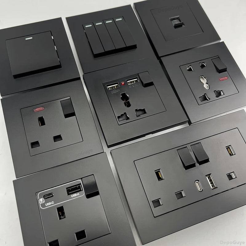 Black UK 13A Wall Socket with USB Type C 18W Quick Charge Plug Socket,Universal Wall power outlet 220V Electrical Light Switch